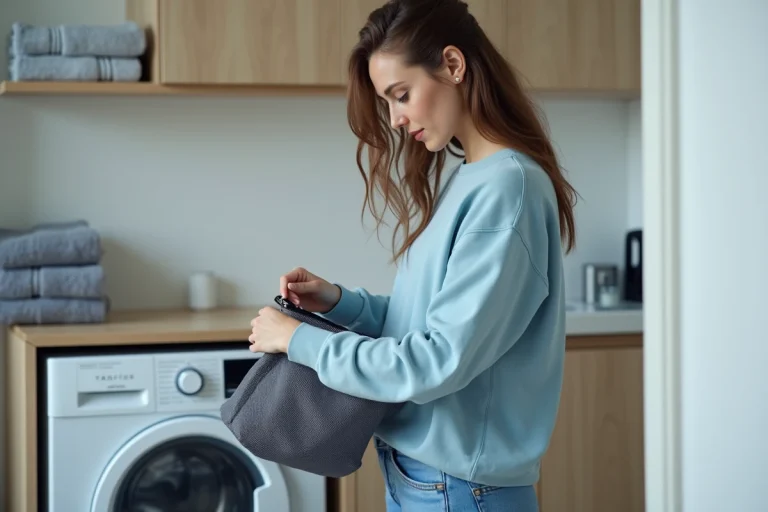 Jeune femme prépare un sac en tissu pour laver à la machine
