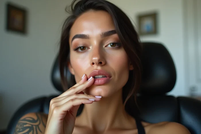 Jeune femme montrant l'intérieur de sa lèvre avant de réaliser un tatouage sur la lèvre intérieure