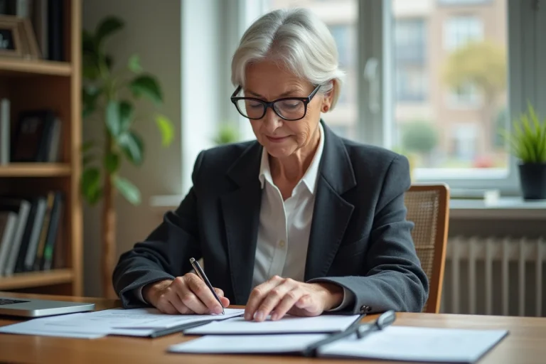 Femme d'une soixantaine d'années organise des documents officiels