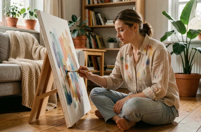Femme en train de peindre sur toile dans un salon cosy en bois, activité créative et relaxante au quotidien