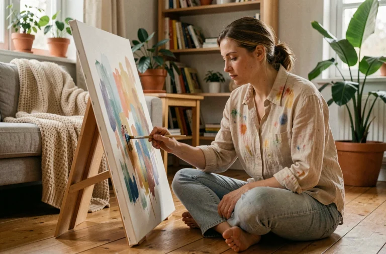 Femme en train de peindre sur toile dans un salon cosy en bois, activité créative et relaxante au quotidien