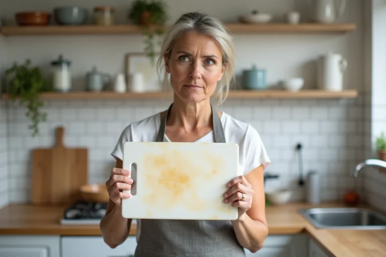 Femme tenant une planche à découper en plastique usée et rayée dans une cuisine moderne, envisageant de s'en débarrasser