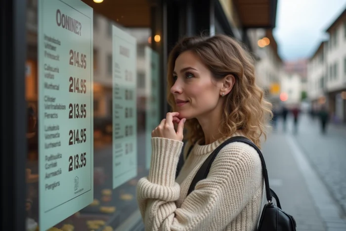 Une femme observe une liste de prix de cigarettes affichée sur la vitrine d'un commerce suisse près de la frontière française, illustrant l'évolution des tarifs en 2026