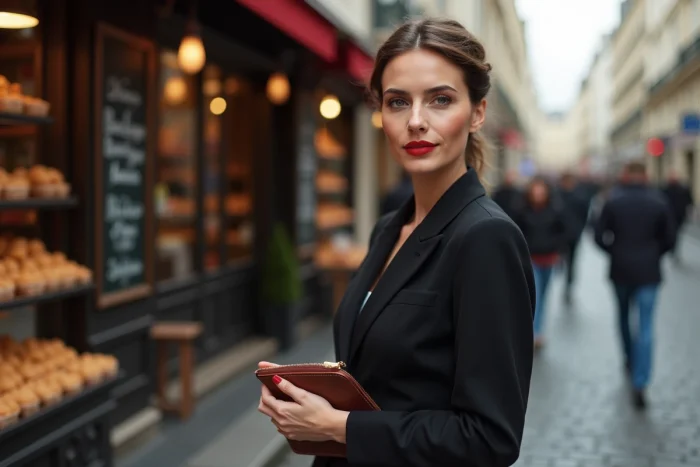 Femme élégante portant un rouge à lèvres rouge audacieux dans une rue pavée parisienne tenant une pochette en cuir