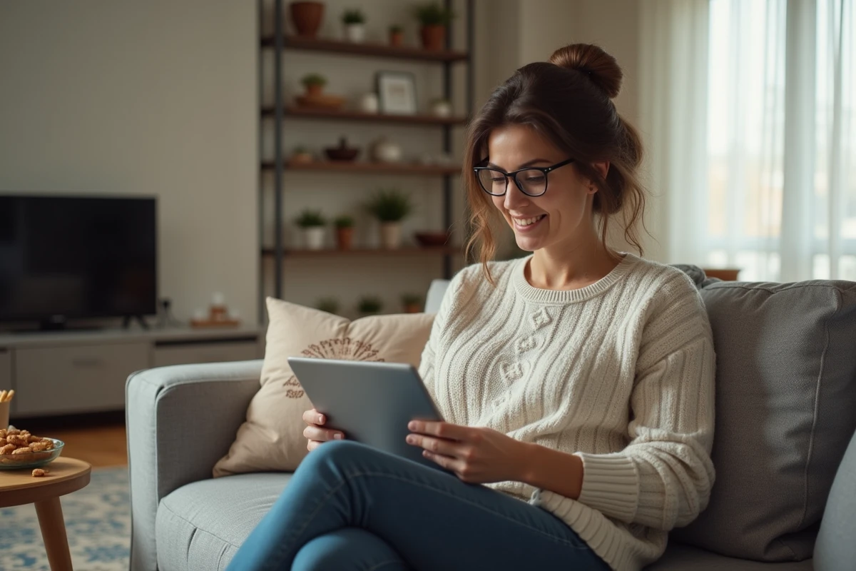 Femme souriante utilisant une tablette dans un salon lumineux