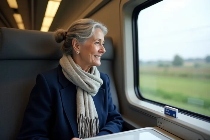 Femme senior souriante dans un TGV tenant sa carte SNCF avantage, paysage français en arrière-plan flou