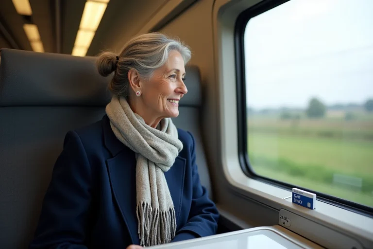 Femme senior souriante dans un TGV tenant sa carte SNCF avantage, paysage français en arrière-plan flou