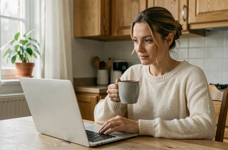 Femme consultant des services familiaux en ligne depuis sa cuisine avec un ordinateur portable