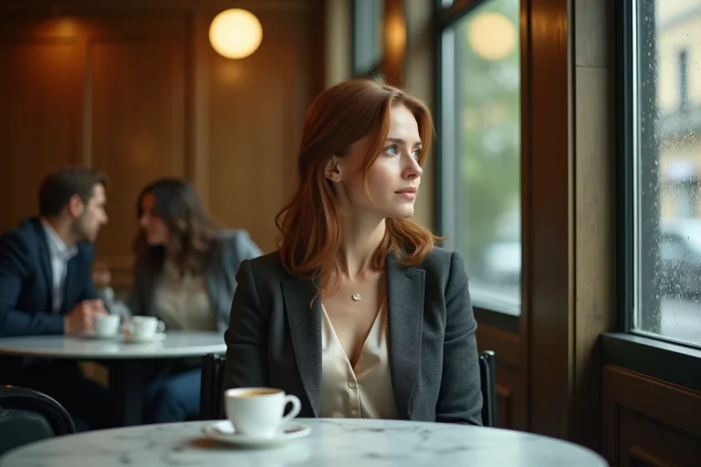 Femme élégante assise seule dans un café, regard pensif vers la fenêtre sous la pluie, ambiance intimiste évoquant une rupture discrète