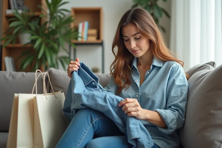 Femme examinant un vêtement dans un salon moderne