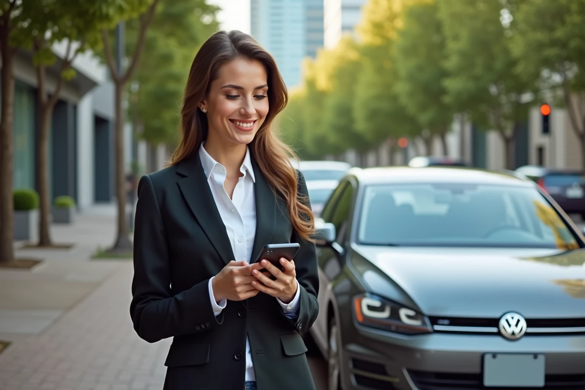 Femme souriante utilisant une application voiture en extérieur