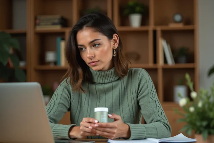 Femme à son bureau vérifiant la politique cruelty free d'une marque de cosmétiques sur son ordinateur portable