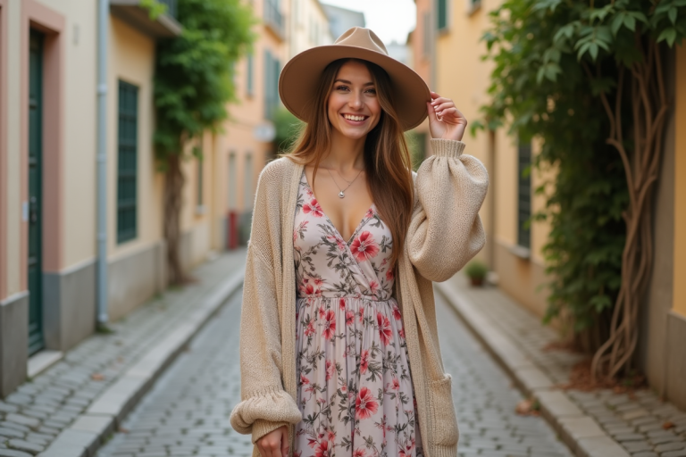 Jeune femme en robe fleurie ajustant son chapeau dans un quartier parisien