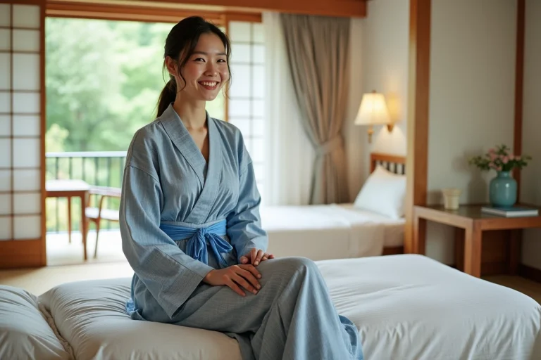 Femme japonaise souriante en yukata dans chambre d'hôtel