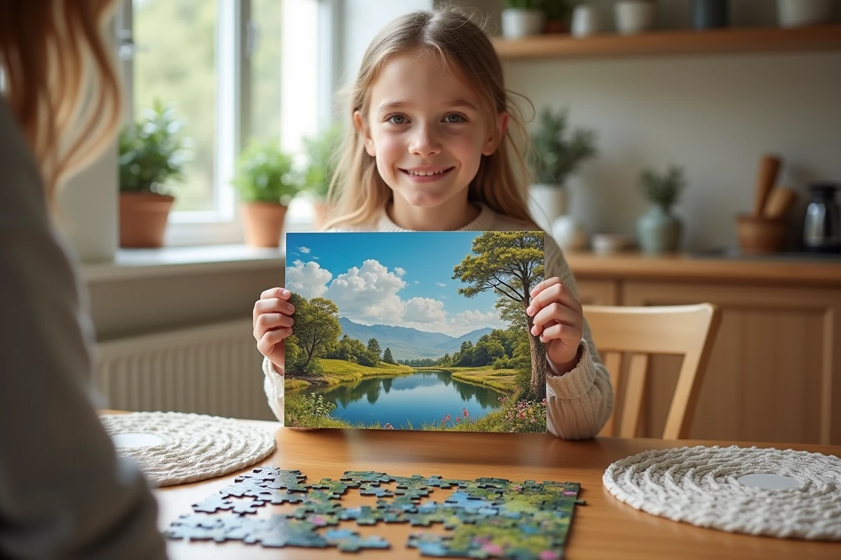 Fille de 10 ans tenant un puzzle paysage dans la cuisine