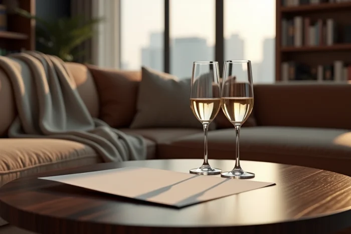 Deux flûtes vides et une lettre pliée sur une table en noyer dans un appartement élégant, photo encadrée retournée symbolisant une rupture sentimentale