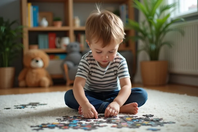 Garçon de 6 ans faisant un puzzle dans un salon chaleureux