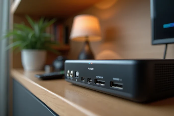 Gros plan d'un décodeur Fransat connecté avec ses câbles HDMI et satellite sur un meuble télévision