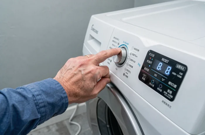 Gros plan sur le panneau de contrôle du lave-linge Samsung Eco Bubble 7kg avec main appuyant sur les touches de réinitialisation