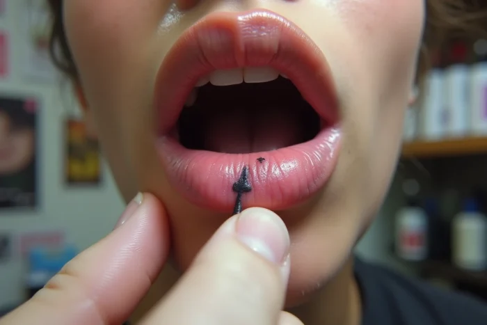 Gros plan d'un tatouage sur la lèvre intérieure montrant l'encre noire sur le tissu muqueux rose
