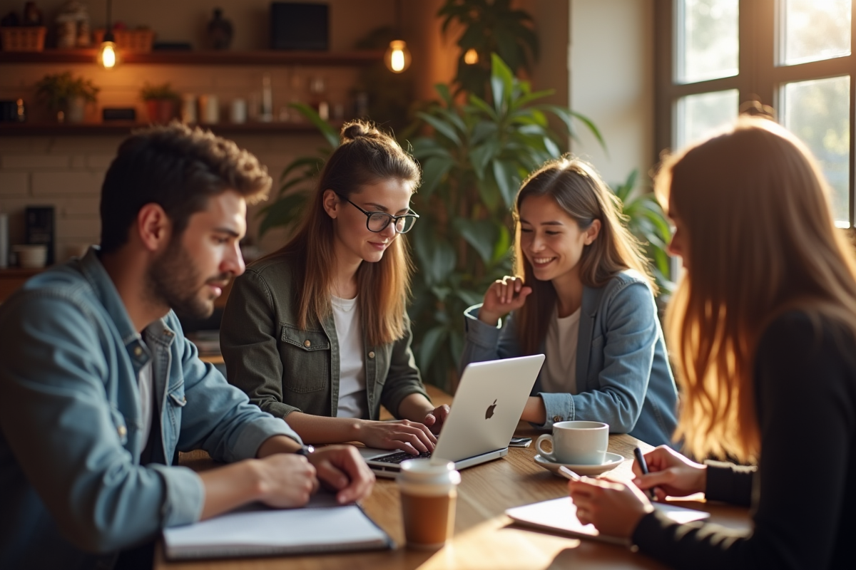 Groupe de personnes collaborant dans un cafe convivial