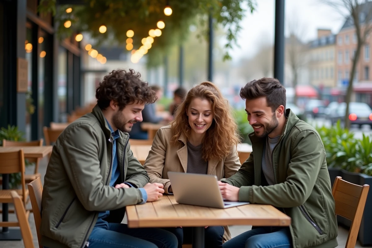 Groupe de jeunes discutant autour d une table de café en ville