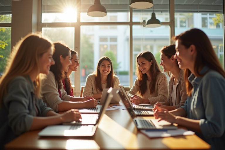 Groupe d'étudiants internationaux souriants dans une cafetéria lumineuse