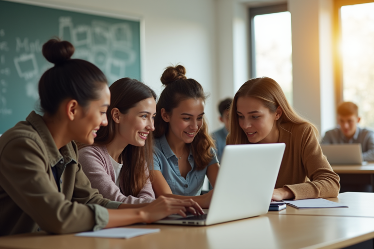 Groupe d'étudiants divers autour d'un ordinateur en classe