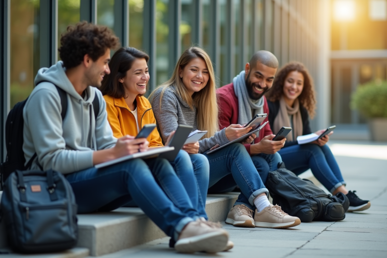 Groupe d'étudiants universitaires étudiant ensemble dehors