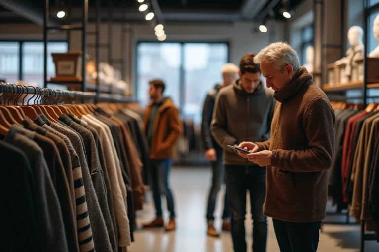 Groupe d adultes examinant des vêtements d'hiver en magasin moderne