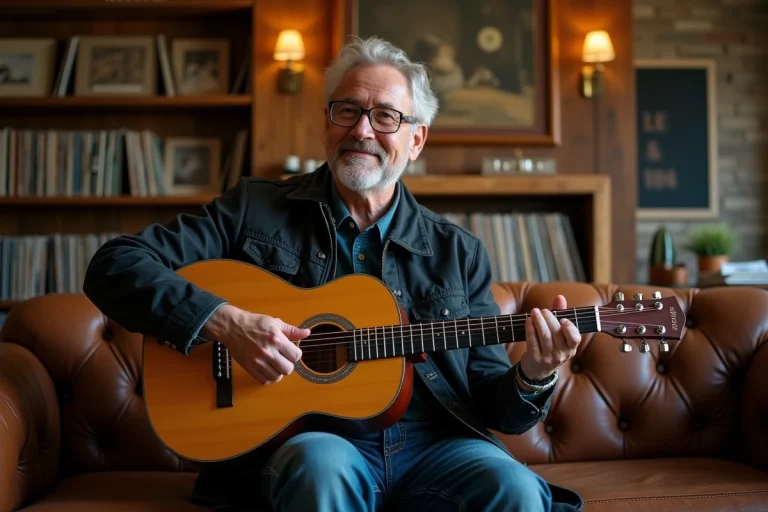 Homme avec guitare dans un studio vintage chaleureux
