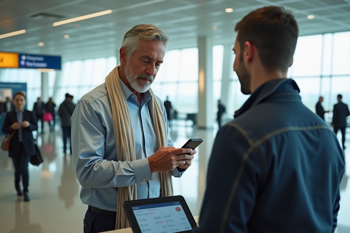 Homme montrant son téléphone au comptoir d