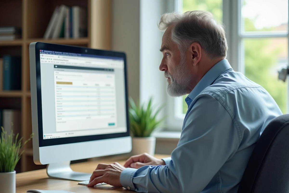 Homme au bureau regarde une facture en ligne sur son ordinateur