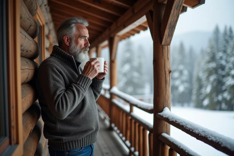 Homme d'âge moyen avec barbe grise devant un chalet enneigé