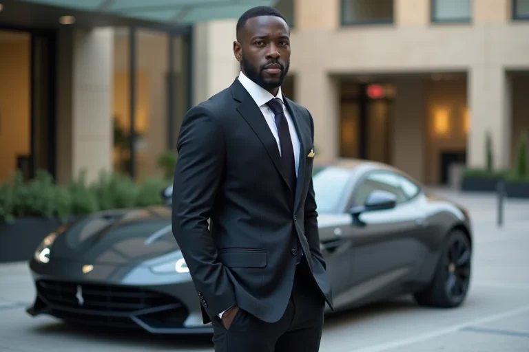 Homme d'affaires en costume près d'une voiture de luxe