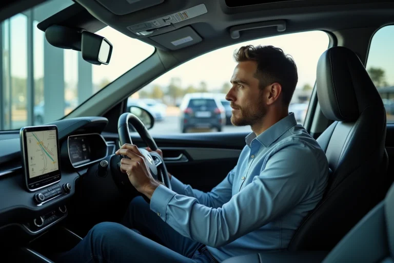 Homme dans une voiture moderne interagissant avec le tableau de bord