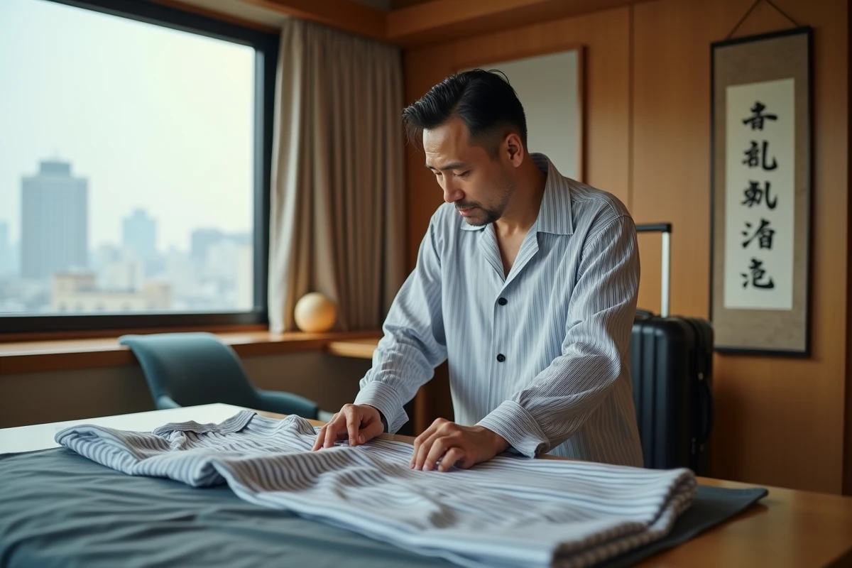 Homme occidental pliant pyjama dans chambre moderne