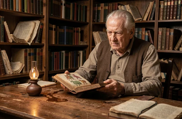 Vieil homme étudiant le folklore des superstitions liées à l'huile renversée dans une bibliothèque ancienne