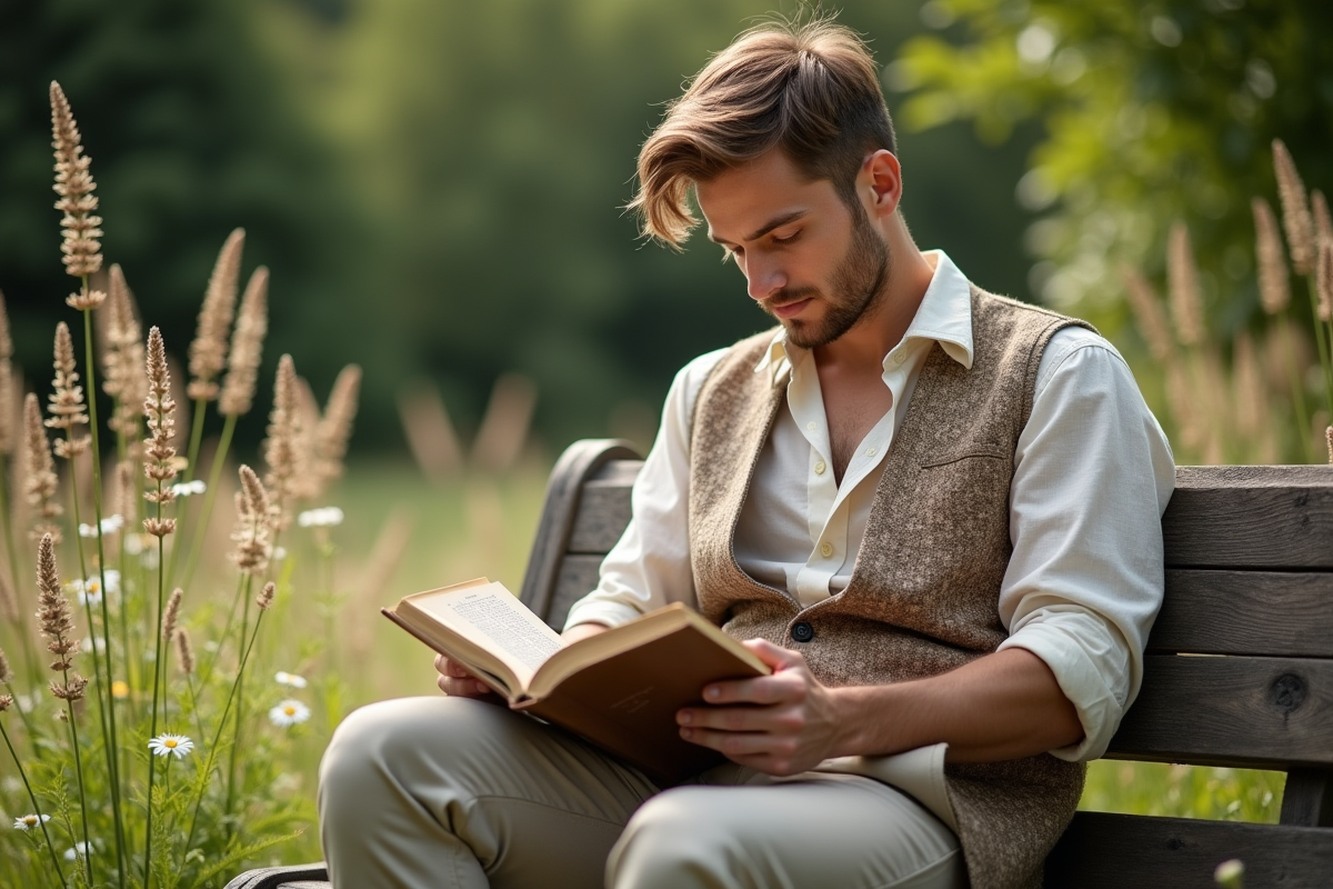 Homme lisant dans un jardin champêtre entouré de fleurs sauvages