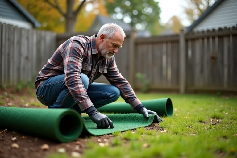 Homme en jeans examine du gazon neuf dans un jardin résidentiel