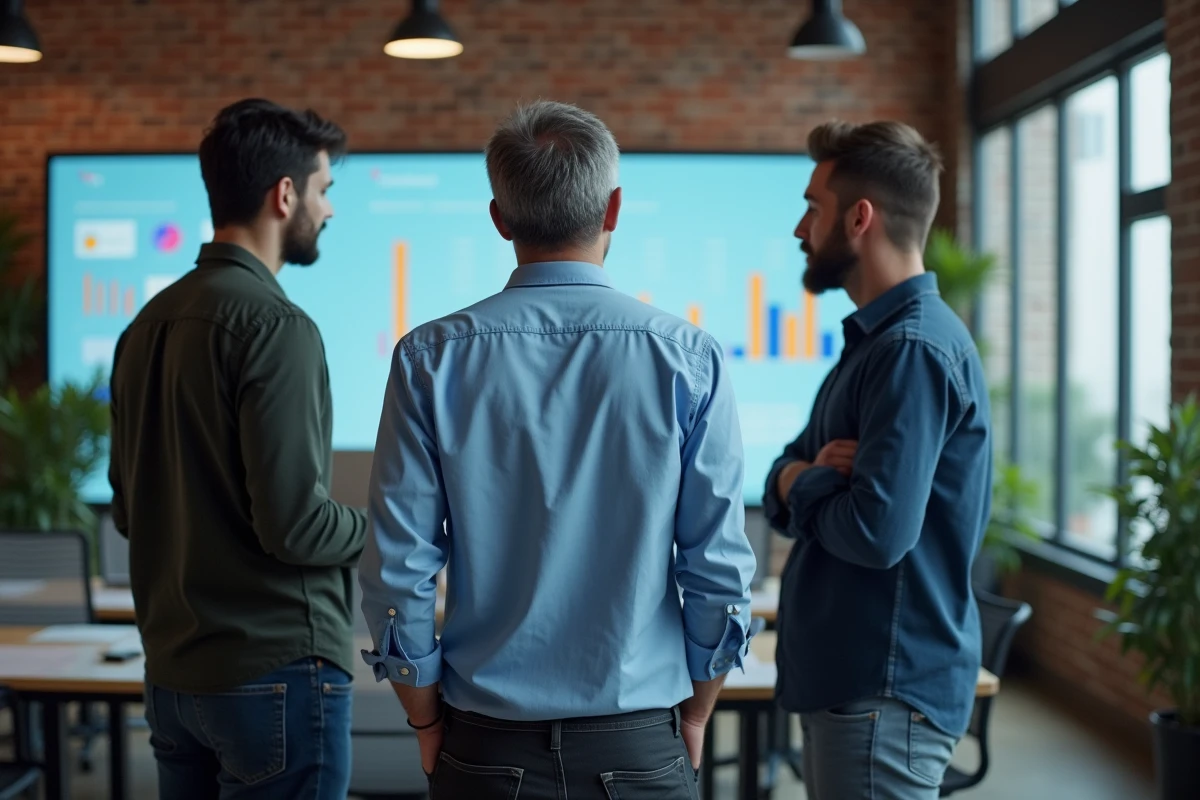 Homme en tenue décontractée expliquant des statistiques à ses collègues