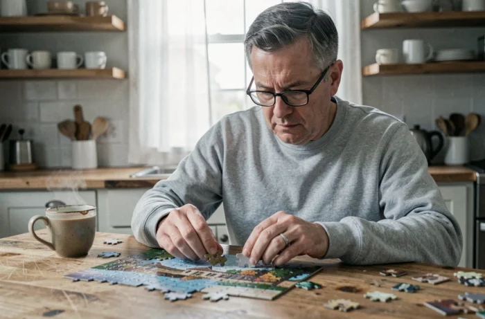 Homme assembling un puzzle sur une table en bois dans une cuisine calme, loisir relaxant du quotidien