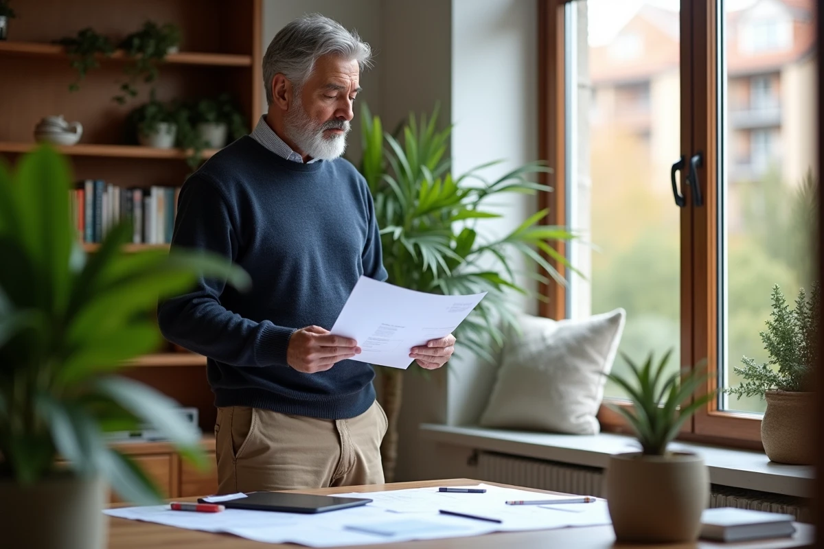 Homme d age revisant des documents d investissement