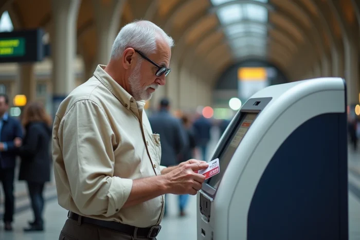 Homme senior utilisant une borne SNCF en gare avec sa carte avantage senior pour réserver un billet de train