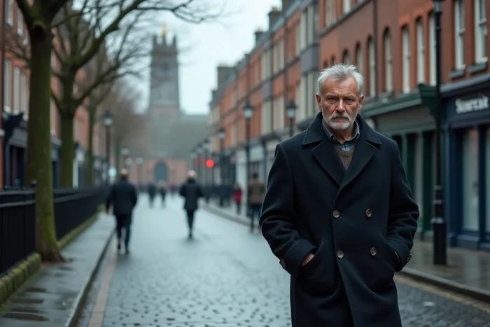 Homme marchant seul dans une rue pavée de Dublin sous un ciel couvert, atmosphère mélancolique et sobre illustrant une séparation privée