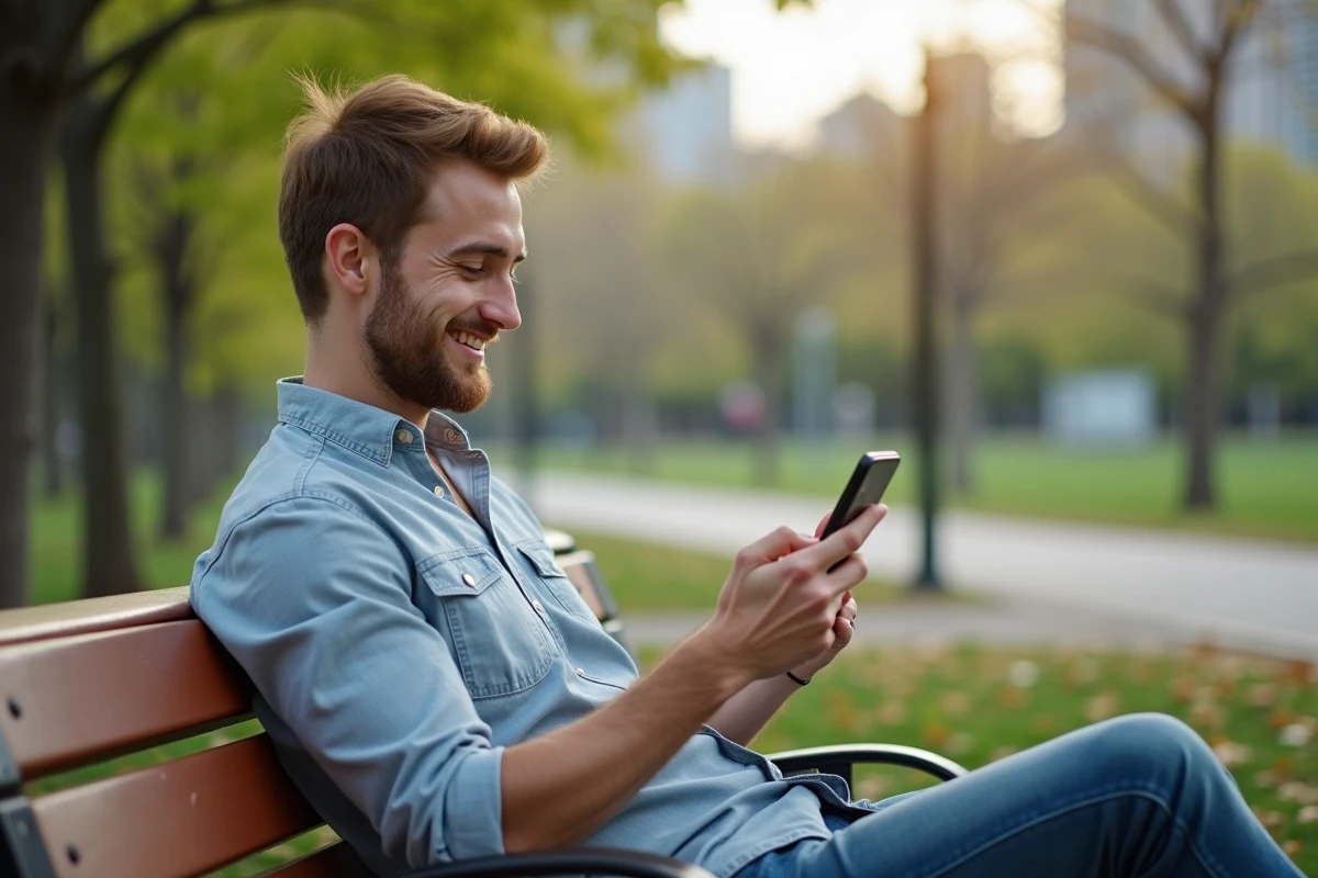 Jeune homme comparant des offres sur son smartphone dans un parc