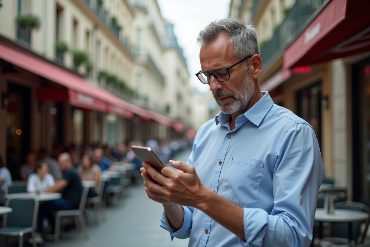 Homme avec smartphone devant un café parisien