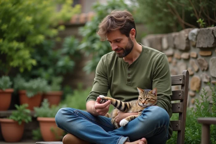 Homme inspectant avec soin la patte de son chat tigré dans un jardin verdoyant, conseils pour prendre soin de son animal
