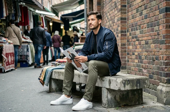 Homme stylé en bomber jacket marine consulte un magazine de mode dans un marché urbain