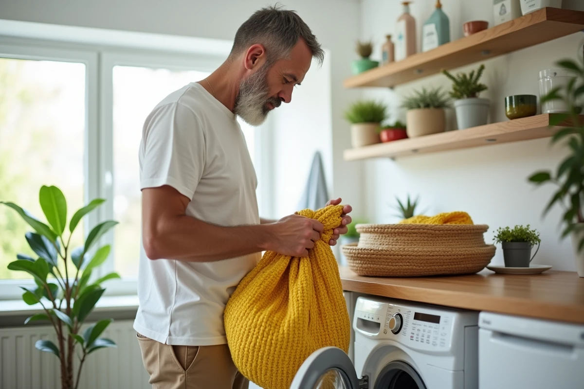 Homme inspecte un sac banane coloré dans une buanderie lumineuse
